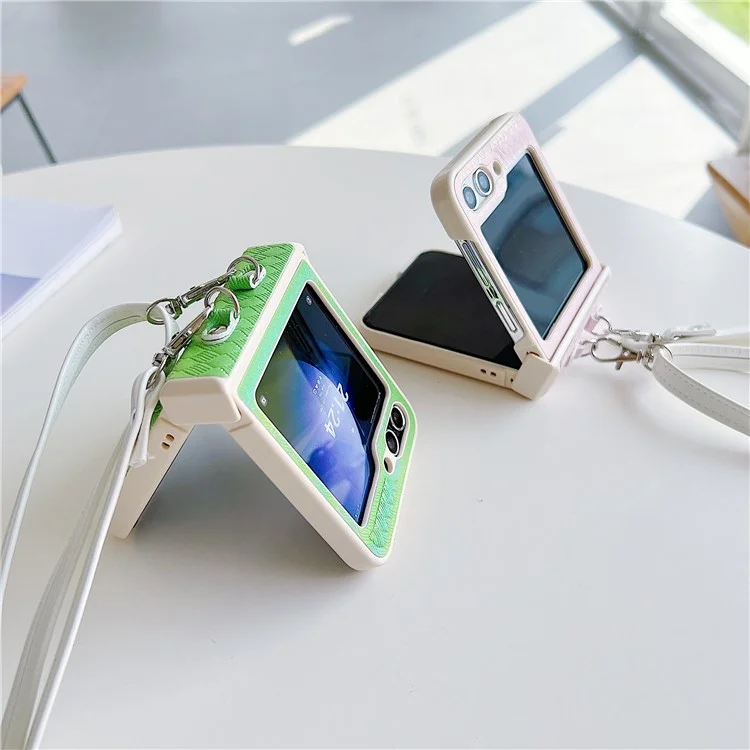 For Samsung Galaxy Z Flip5 5G Case Laser Rhombus Imprinted PU+PC Phone Cover with Crossbody Strap - Pink