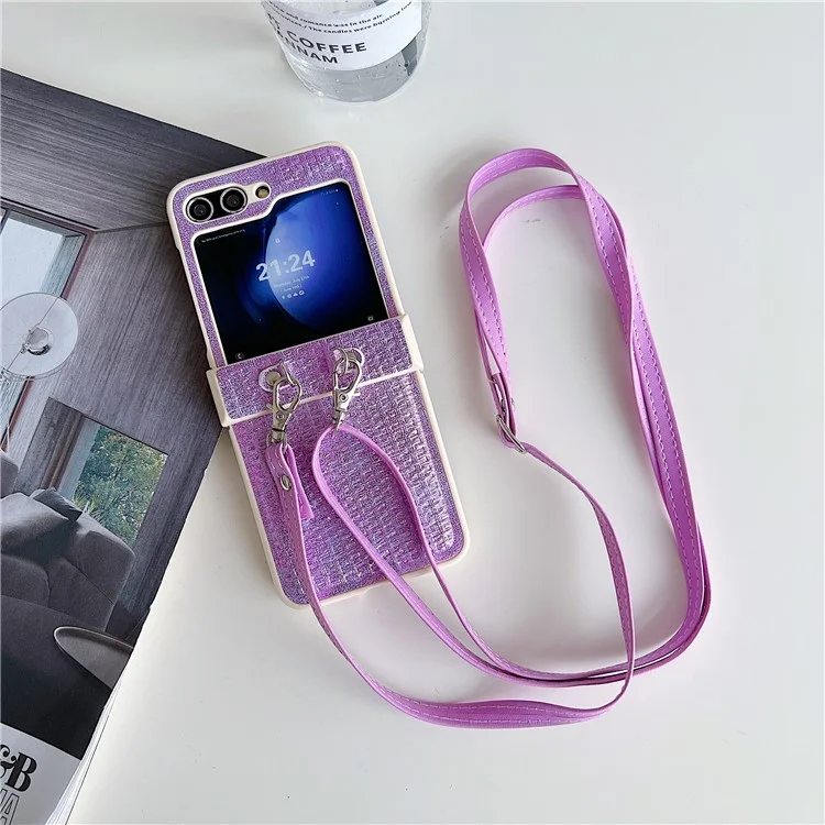 For Samsung Galaxy Z Flip5 5G Case Woven Texture PU Leather+PC Phone Cover with Crossbody Strap - Purple
