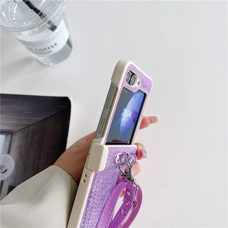 For Samsung Galaxy Z Flip5 5G Case Woven Texture PU Leather+PC Phone Cover with Crossbody Strap - Purple