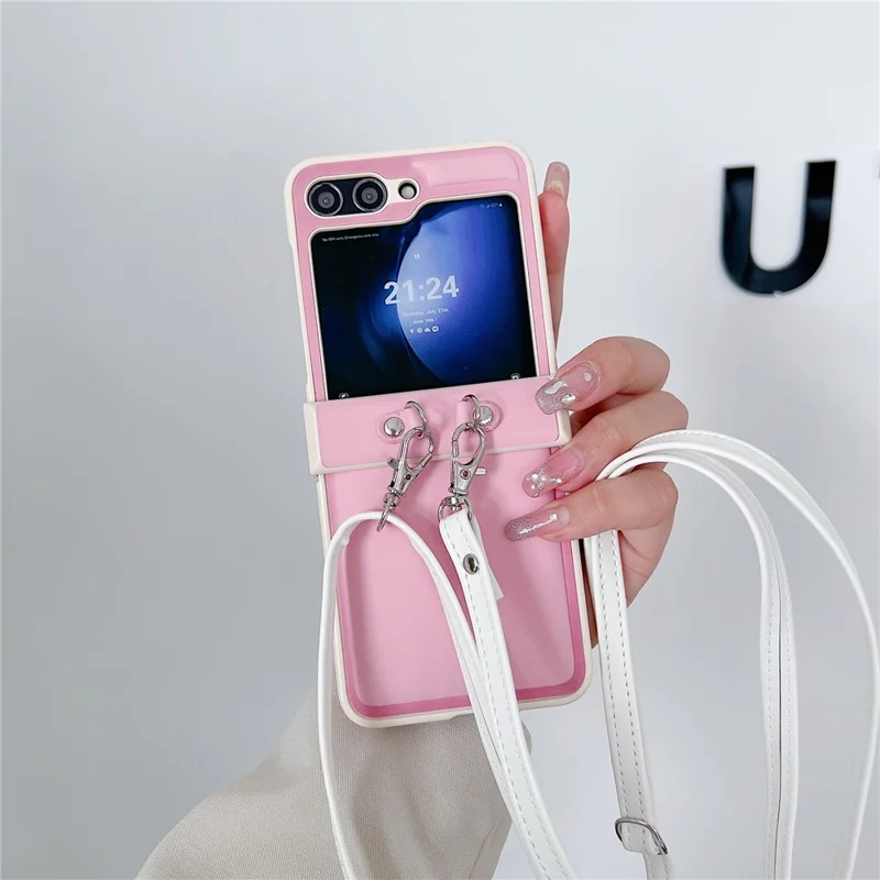 For Samsung Galaxy Z Flip5 5G Case PU Leather Coated PC Phone Cover with Crossbody Strap - Pink
