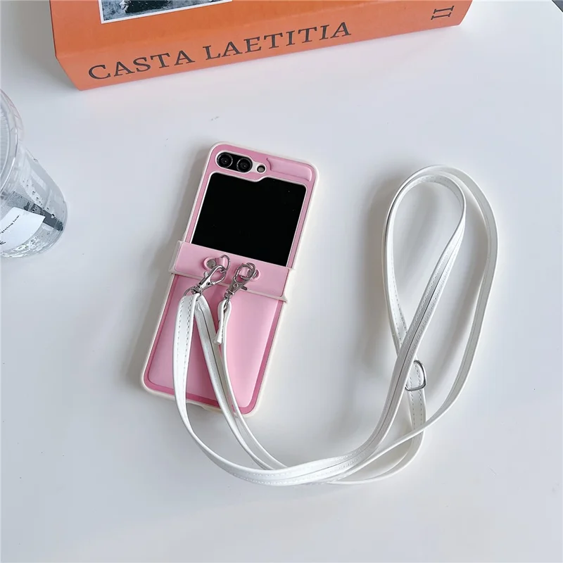 For Samsung Galaxy Z Flip5 5G Case PU Leather Coated PC Phone Cover with Crossbody Strap - Pink