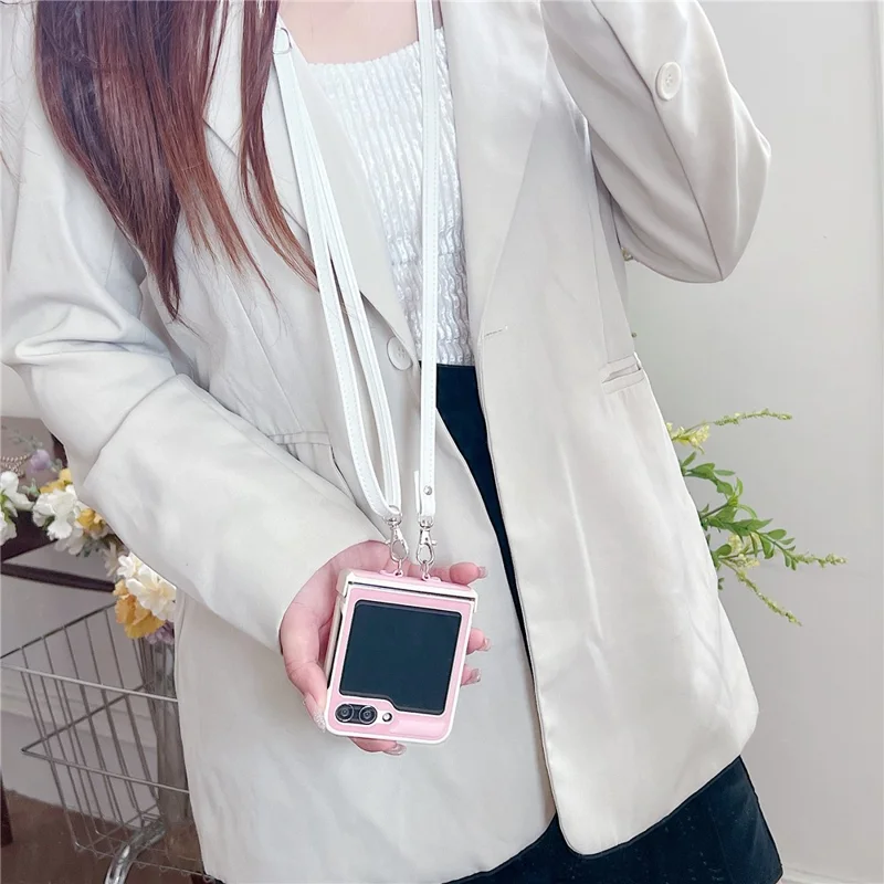For Samsung Galaxy Z Flip5 5G Case PU Leather Coated PC Phone Cover with Crossbody Strap - Pink