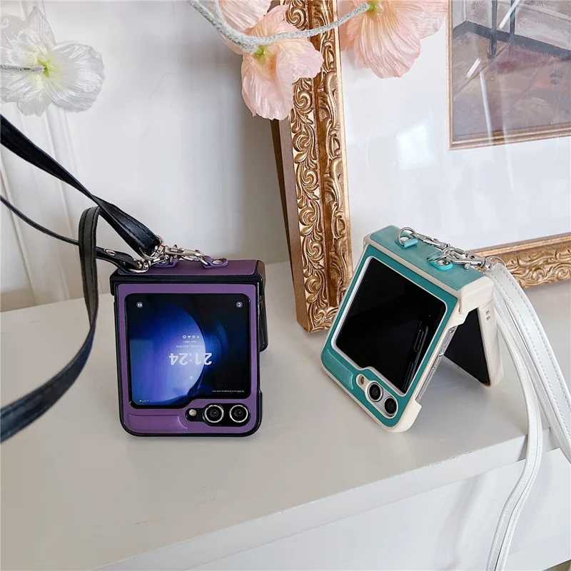 For Samsung Galaxy Z Flip5 5G Case PU Leather Coated PC Phone Cover with Crossbody Strap - Pink