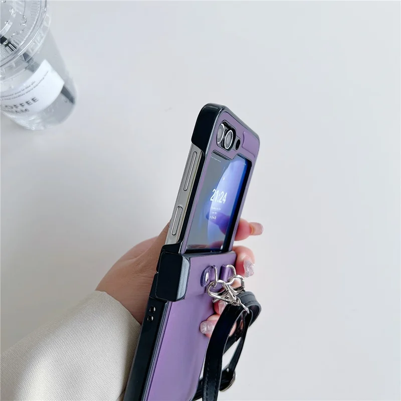 For Samsung Galaxy Z Flip5 5G Case PU Leather Coated PC Phone Cover with Crossbody Strap - Pink