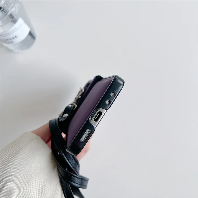 For Samsung Galaxy Z Flip5 5G Case PU Leather Coated PC Phone Cover with Crossbody Strap - Pink