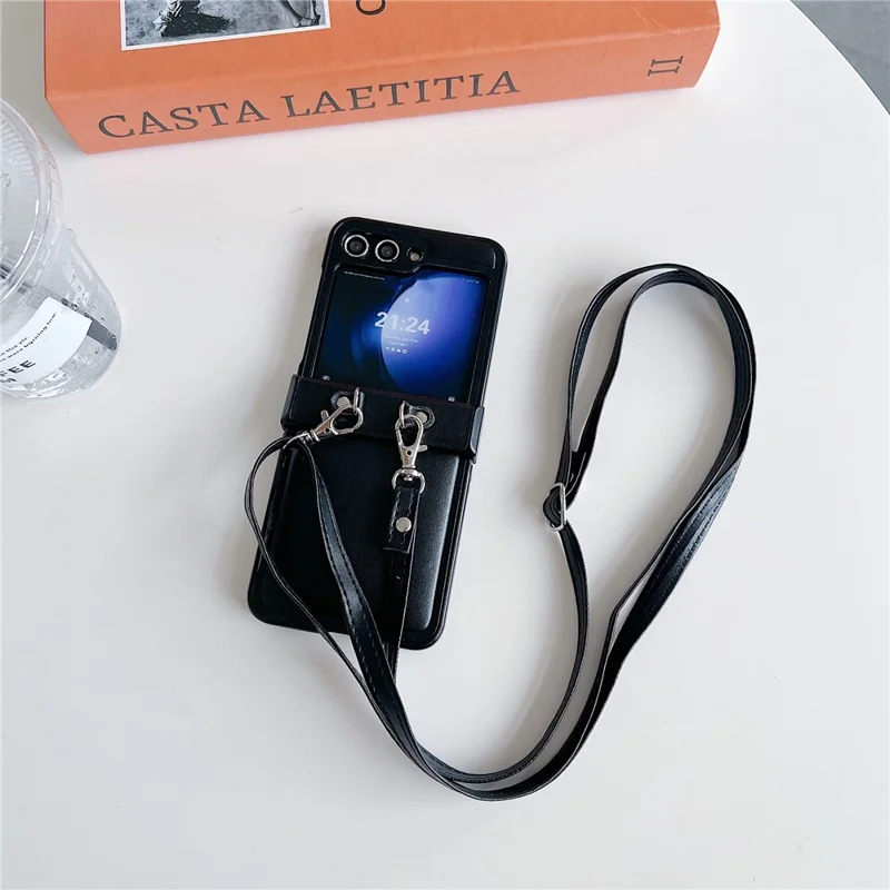 Per Samsung Galaxy Z Flip5 5G Custodia in pelle PU con rivestimento in PC e tracolla - Nero