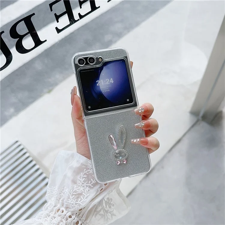 For Samsung Galaxy Z Flip5 5G Hard PC Case Rabbit Design Phone Cover with Glitter Paper - Pink