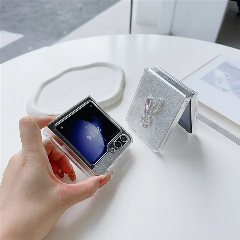 For Samsung Galaxy Z Flip5 5G Hard PC Case Rabbit Design Phone Cover with Glitter Paper - White