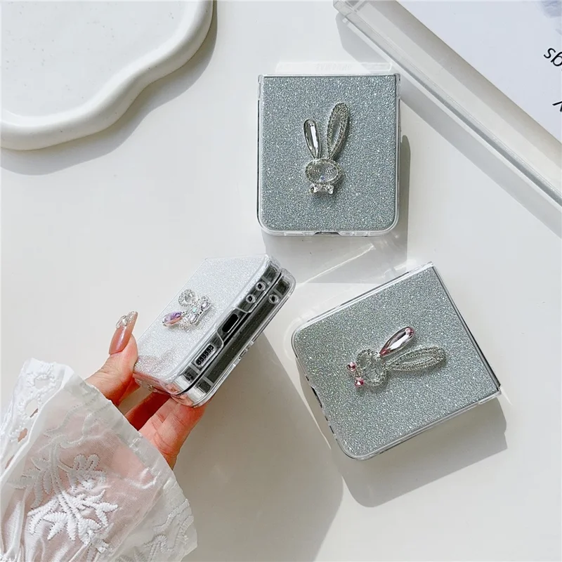 For Samsung Galaxy Z Flip5 5G Hard PC Case Rabbit Design Phone Cover with Glitter Paper - White