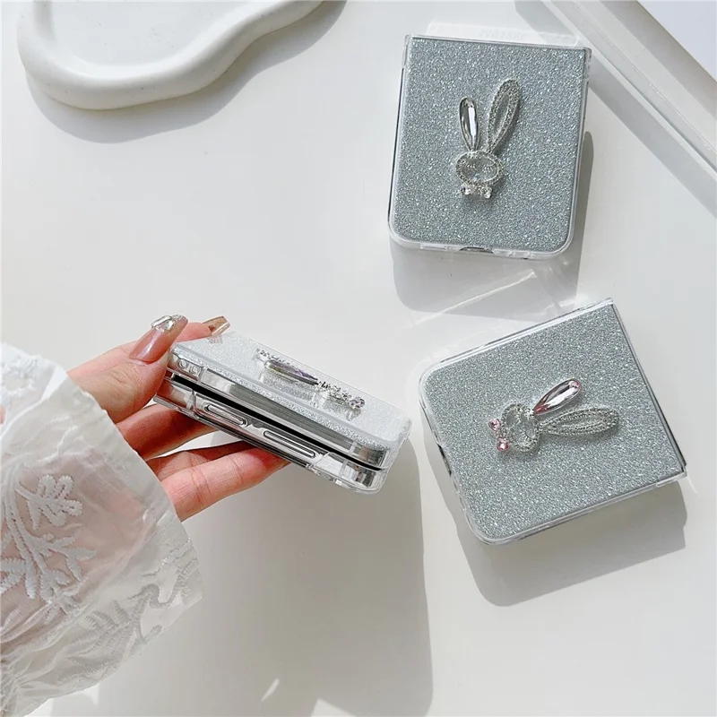 For Samsung Galaxy Z Flip5 5G Hard PC Case Rabbit Design Phone Cover with Glitter Paper - White