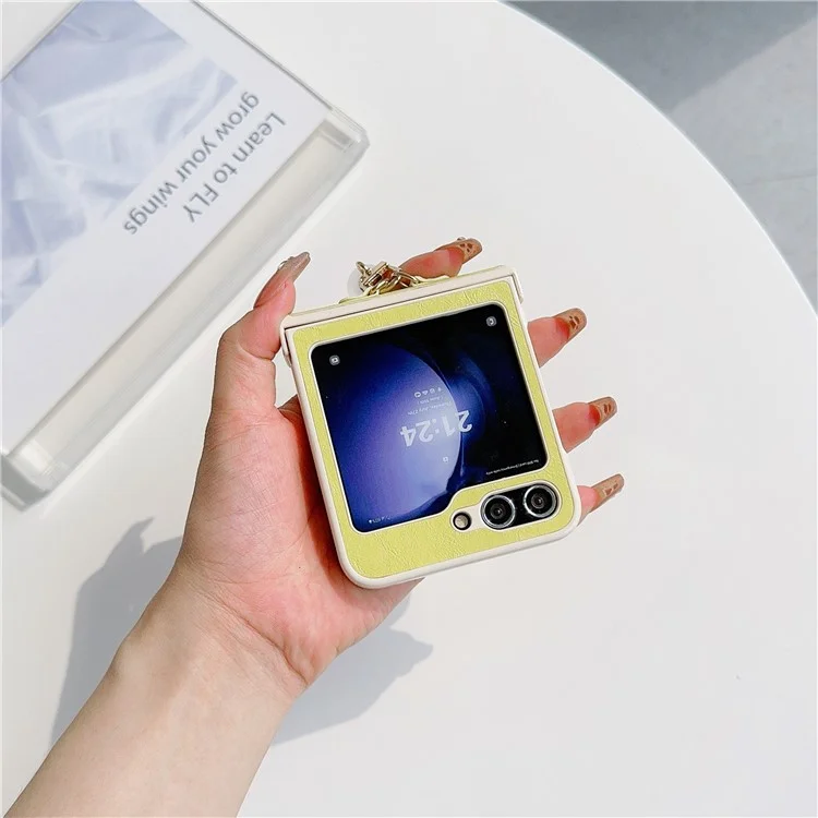 For Samsung Galaxy Z Flip5 5G Case PU Leather+PC Phone Shell with Pendant Crazy Horse Texture - Yellow