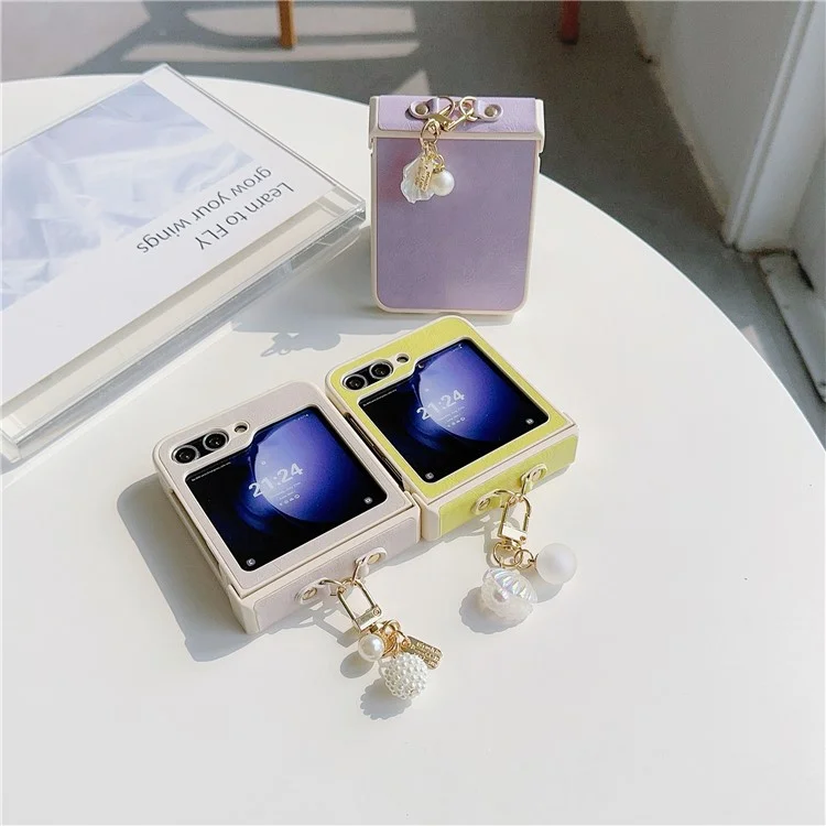 For Samsung Galaxy Z Flip5 5G Case PU Leather+PC Phone Shell with Pendant Crazy Horse Texture - Yellow