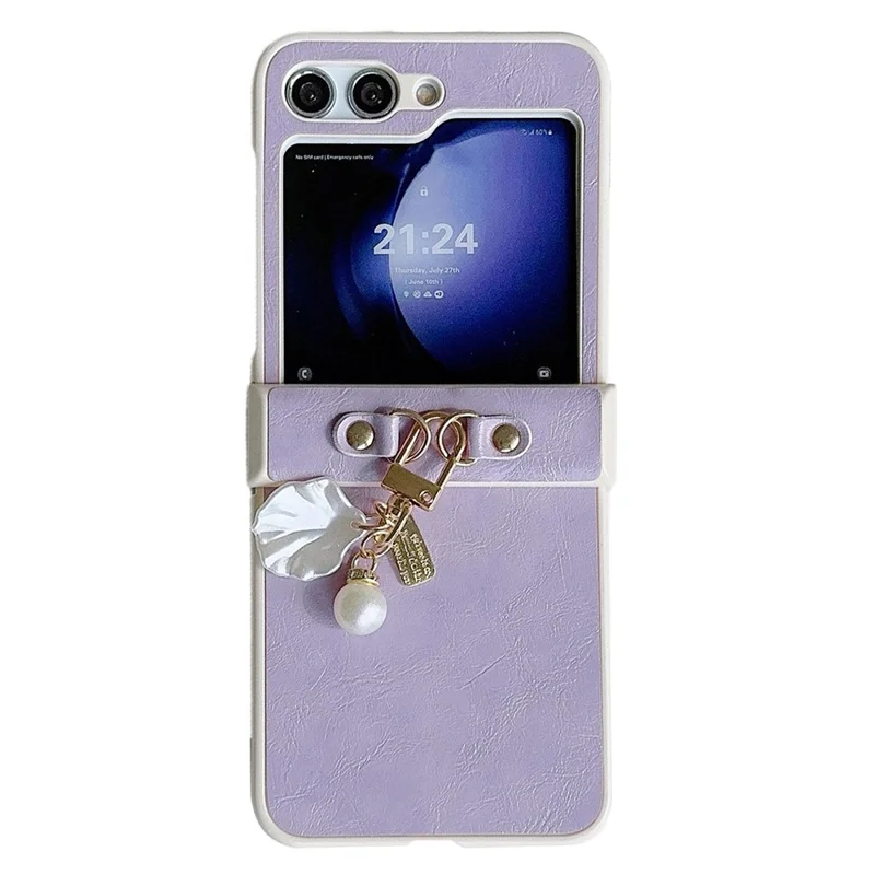 For Samsung Galaxy Z Flip5 5G Case PU Leather+PC Phone Shell with Pendant Crazy Horse Texture - Purple