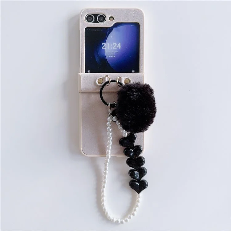 For Samsung Galaxy Z Flip5 5G Case Crazy Horse Texture PU+PC Phone Cover with Pompom Pearl Chain - Earth Color
