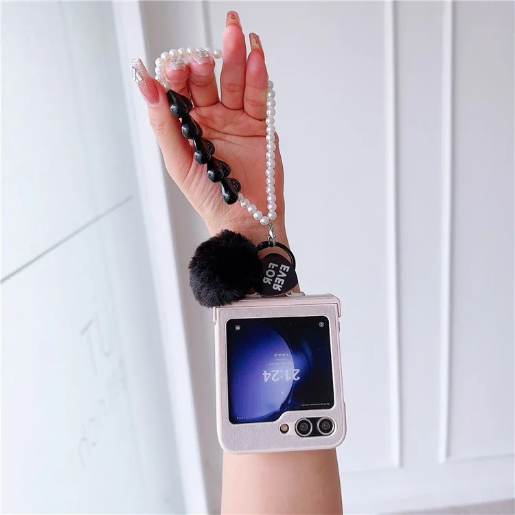 For Samsung Galaxy Z Flip5 5G Case Crazy Horse Texture PU+PC Phone Cover with Pompom Pearl Chain - Earth Color