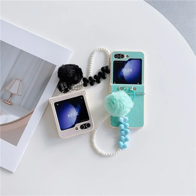 For Samsung Galaxy Z Flip5 5G Case Crazy Horse Texture PU+PC Phone Cover with Pompom Pearl Chain - Earth Color