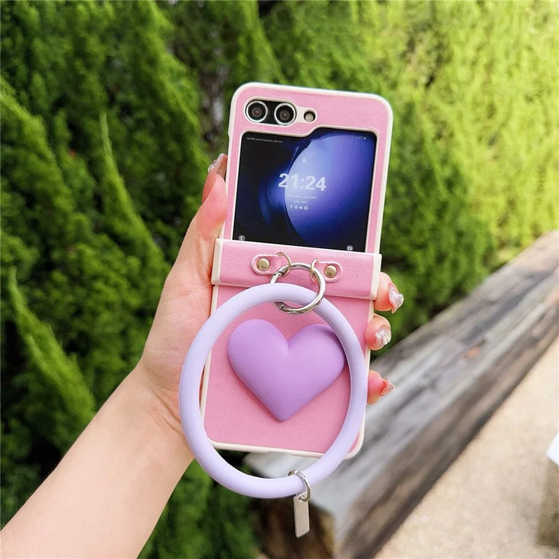 Para Samsung Galaxy Z Flip5 5G Capa PU Leather+PC Proteção de Telefone Caso com Pulseira Redonda Textura de Cavalo Louco - Rosa