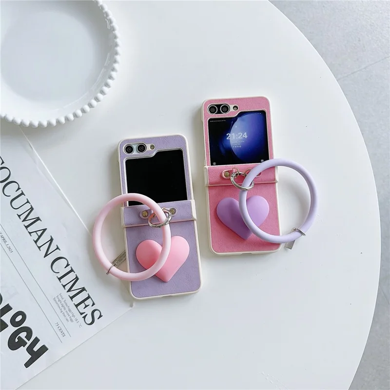 Para Samsung Galaxy Z Flip5 5G Capa PU Leather+PC Proteção de Telefone Caso com Pulseira Redonda Textura de Cavalo Louco - Rosa