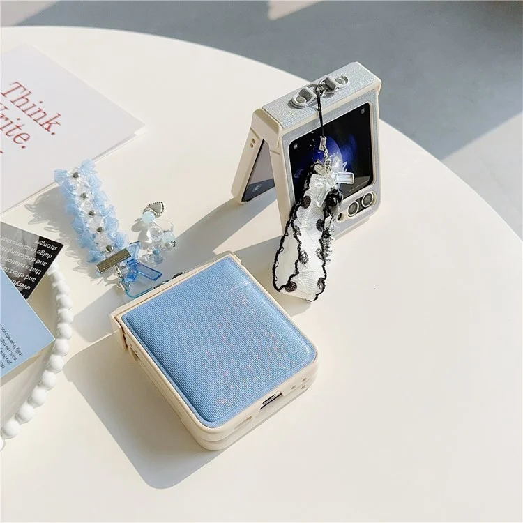 For Samsung Galaxy Z Flip5 5G Cross Texture PU Leather+PC Phone Case with Lace Beaded Pendant - Blue