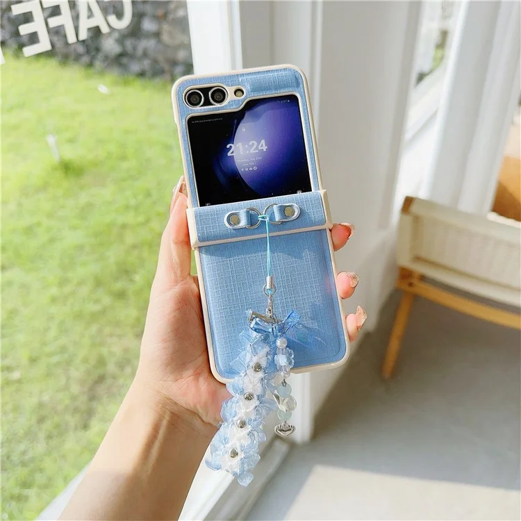 For Samsung Galaxy Z Flip5 5G Cross Texture PU Leather+PC Phone Case with Lace Beaded Pendant - Blue