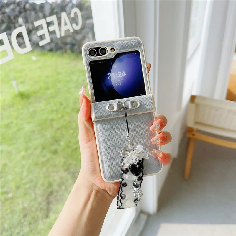 Für Samsung Galaxy Z Flip5 5G Cross Texture PU Leder+PC-Telefonhülle mit Spitzenperlenanhänger - Grau