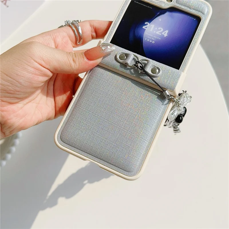 Für Samsung Galaxy Z Flip5 5G Cross Texture PU Leder+PC-Telefonhülle mit Spitzenperlenanhänger - Grau
