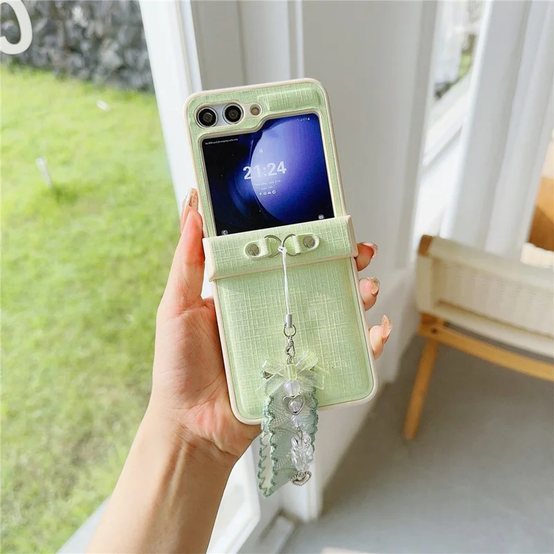 For Samsung Galaxy Z Flip5 5G Cross Texture PU Leather+PC Phone Case with Lace Beaded Pendant - Light Green