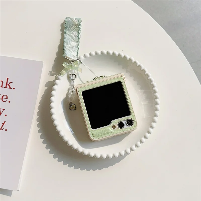 For Samsung Galaxy Z Flip5 5G Cross Texture PU Leather+PC Phone Case with Lace Beaded Pendant - Light Green