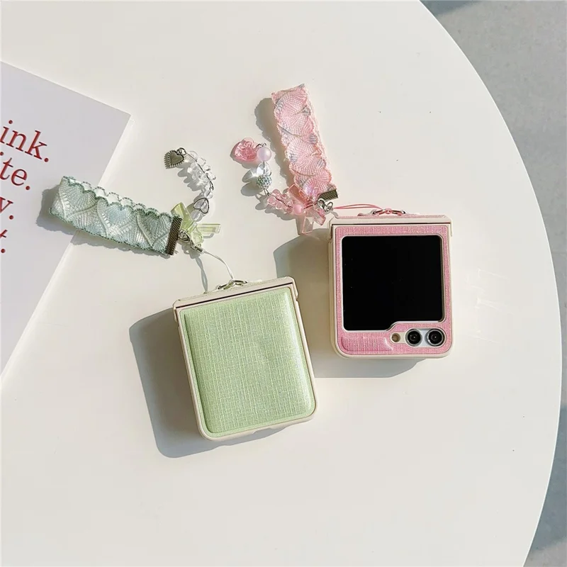 For Samsung Galaxy Z Flip5 5G Cross Texture PU Leather+PC Phone Case with Lace Beaded Pendant - Light Green