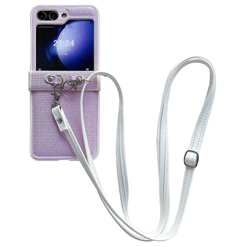 For Samsung Galaxy Z Flip5 5G Phone Case PC+PU Leather Phone Shell with White Shoulder Strap - Purple