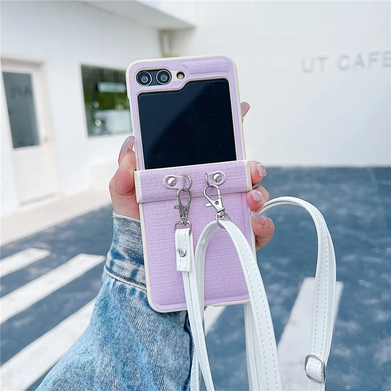 For Samsung Galaxy Z Flip5 5G Phone Case PC+PU Leather Phone Shell with White Shoulder Strap - Purple