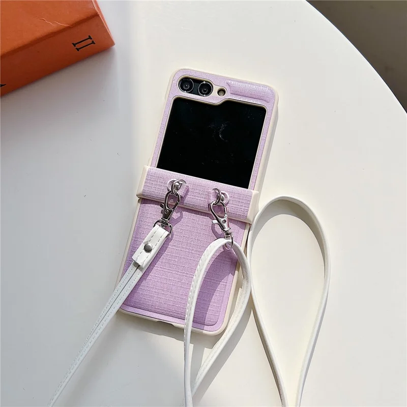 For Samsung Galaxy Z Flip5 5G Phone Case PC+PU Leather Phone Shell with White Shoulder Strap - Purple
