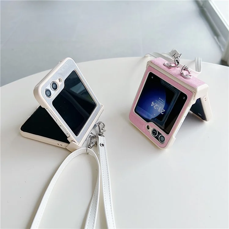 For Samsung Galaxy Z Flip5 5G Phone Case PC+PU Leather Phone Shell with White Shoulder Strap - Purple