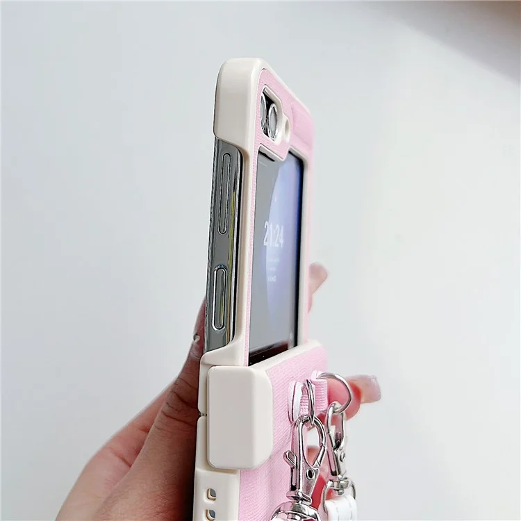 For Samsung Galaxy Z Flip5 5G Phone Case PC+PU Leather Phone Shell with White Shoulder Strap - Purple