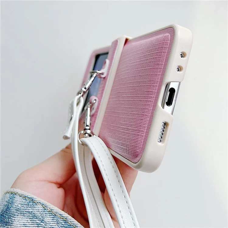 For Samsung Galaxy Z Flip5 5G Phone Case PC+PU Leather Phone Shell with White Shoulder Strap - Purple