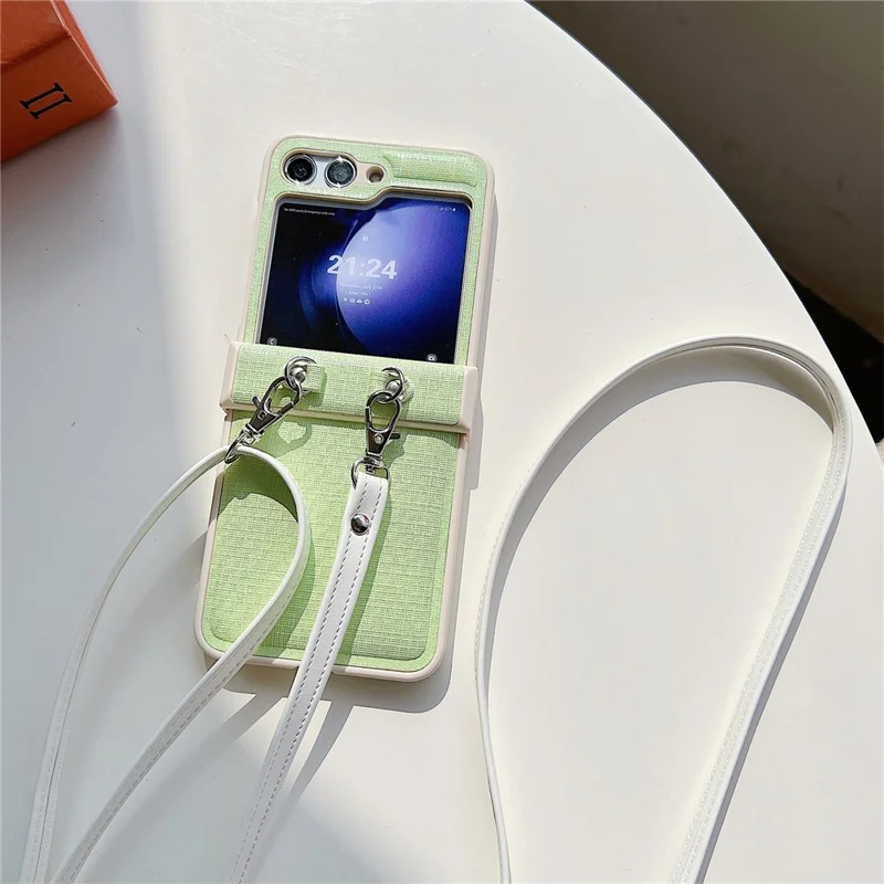For Samsung Galaxy Z Flip5 5G Phone Case PC+PU Leather Phone Shell with White Shoulder Strap - Light Green