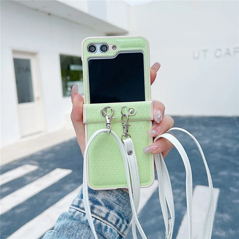 For Samsung Galaxy Z Flip5 5G Phone Case PC+PU Leather Phone Shell with White Shoulder Strap - Light Green