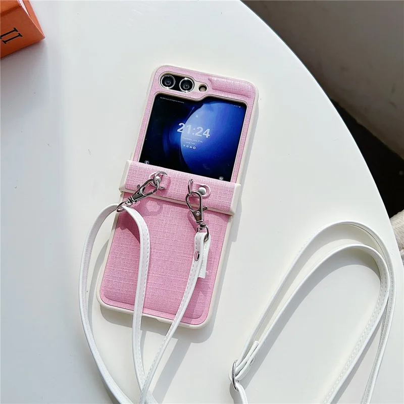 For Samsung Galaxy Z Flip5 5G Phone Case PC+PU Leather Phone Shell with White Shoulder Strap - Pink