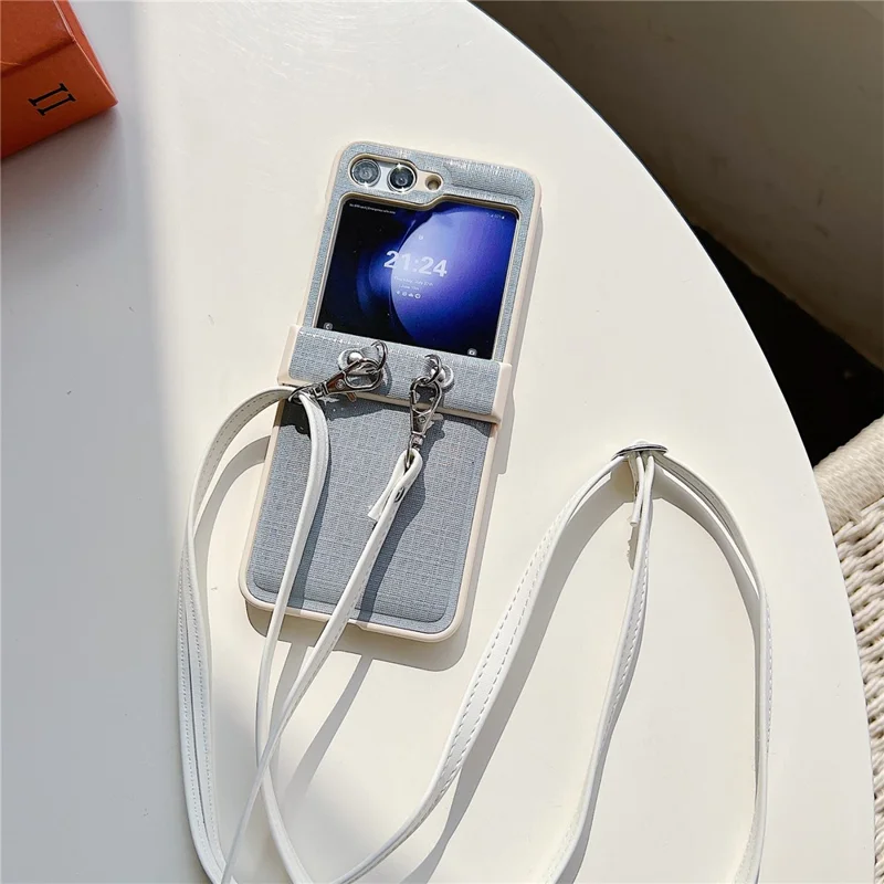 For Samsung Galaxy Z Flip5 5G Phone Case PC+PU Leather Phone Shell with White Shoulder Strap - Dark Grey