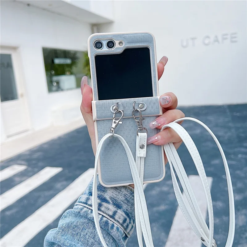 For Samsung Galaxy Z Flip5 5G Phone Case PC+PU Leather Phone Shell with White Shoulder Strap - Dark Grey