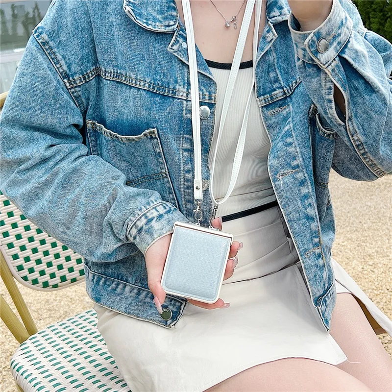 For Samsung Galaxy Z Flip5 5G Phone Case PC+PU Leather Phone Shell with White Shoulder Strap - Dark Grey