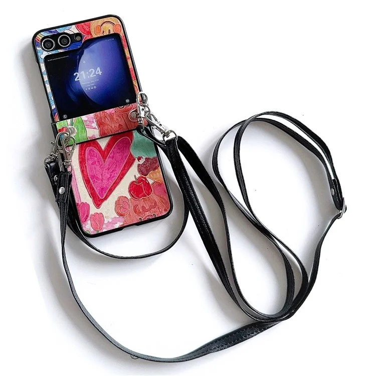 For Samsung Galaxy Z Flip5 5G Case Lacquered Heart PU Leather+PC Phone Cover with 2 Straps - Big Heart