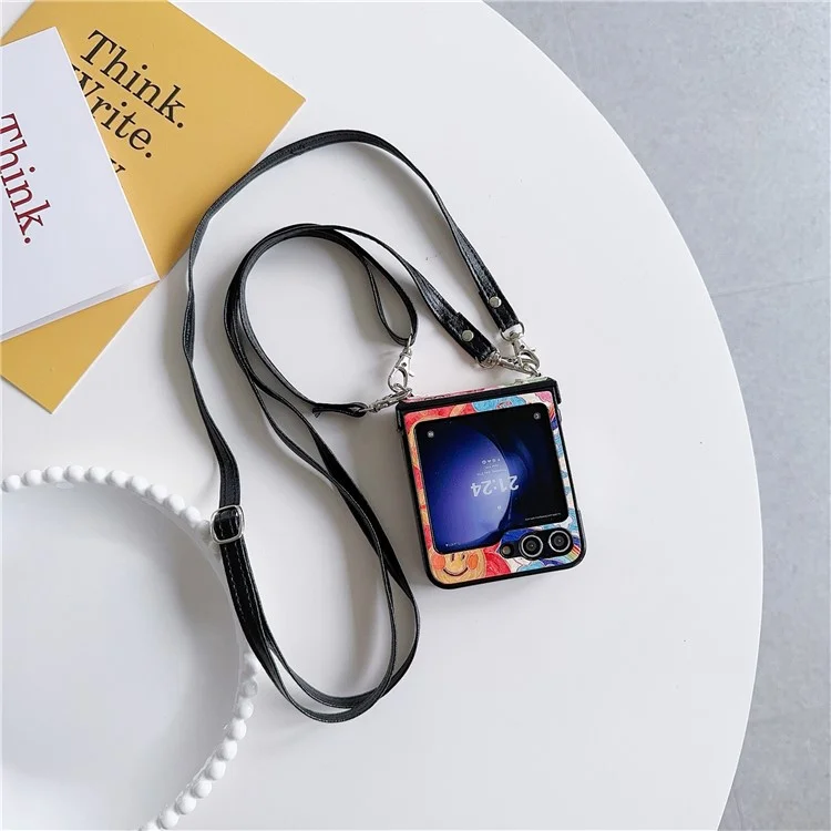 For Samsung Galaxy Z Flip5 5G Case Lacquered Heart PU Leather+PC Phone Cover with 2 Straps - Big Heart