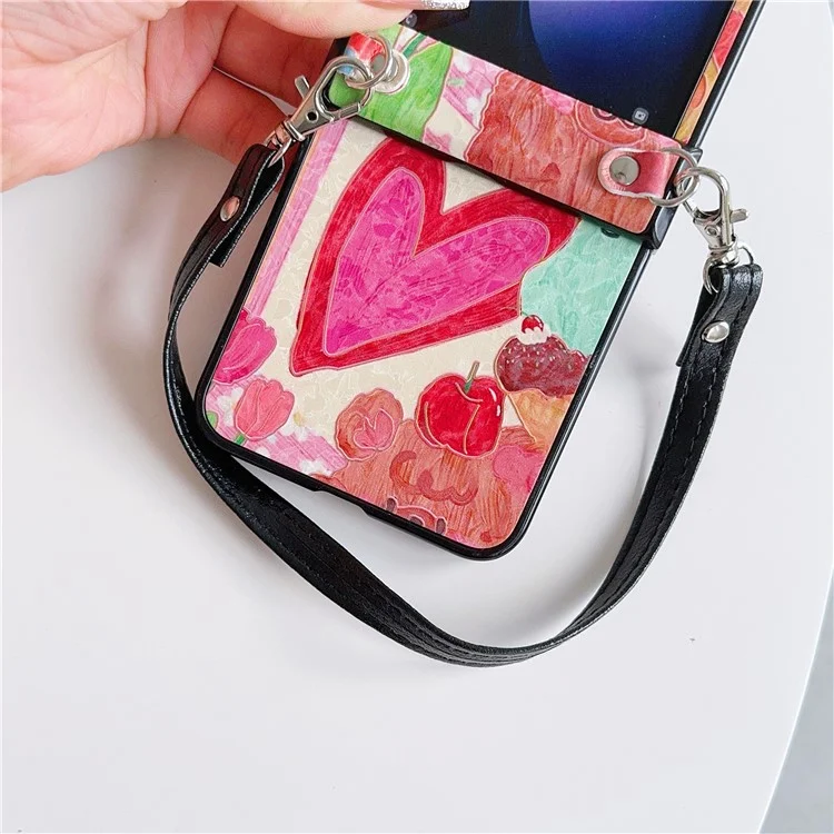 For Samsung Galaxy Z Flip5 5G Case Lacquered Heart PU Leather+PC Phone Cover with 2 Straps - Big Heart