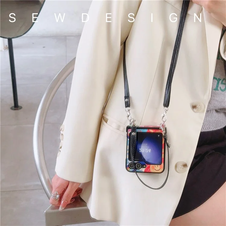 For Samsung Galaxy Z Flip5 5G Case Lacquered Heart PU Leather+PC Phone Cover with 2 Straps - Big Heart