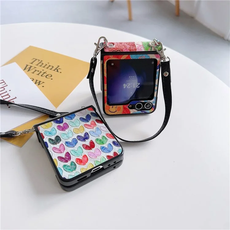 For Samsung Galaxy Z Flip5 5G Case Lacquered Heart PU Leather+PC Phone Cover with 2 Straps - Big Heart
