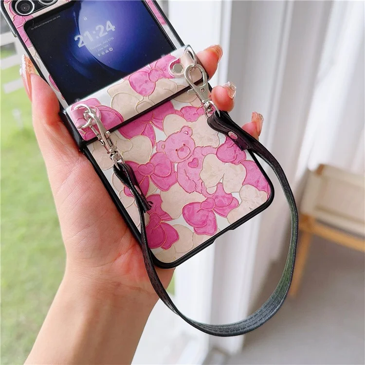 For Samsung Galaxy Z Flip5 5G Case Lacquered Cartoon Pattern Leather+PC Phone Cover with 2 Straps - Rose Bowknot