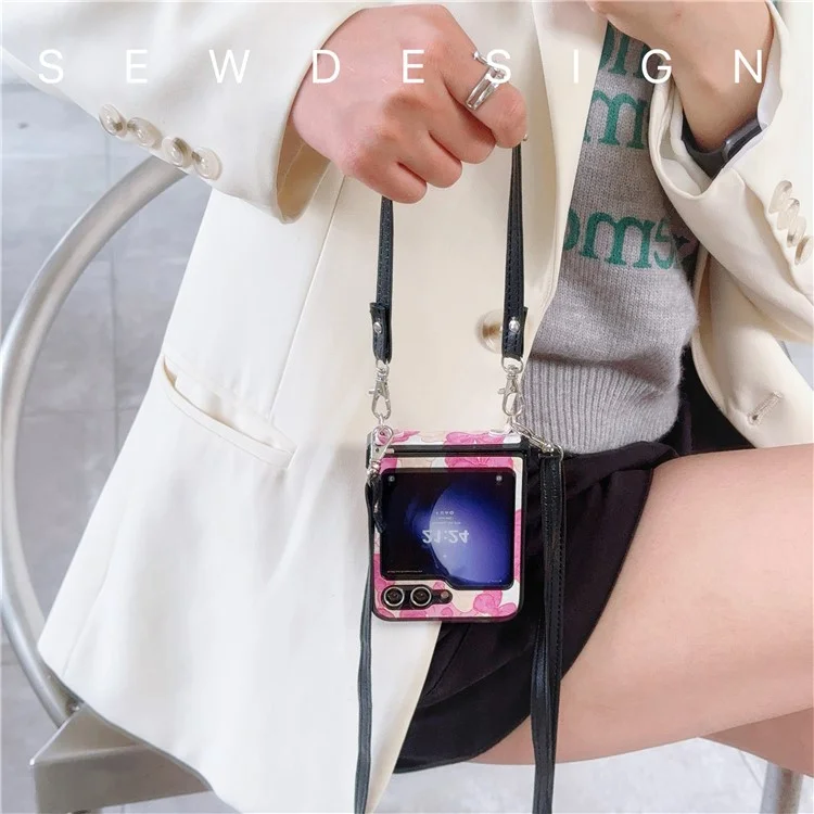 For Samsung Galaxy Z Flip5 5G Case Lacquered Cartoon Pattern Leather+PC Phone Cover with 2 Straps - Rose Bowknot