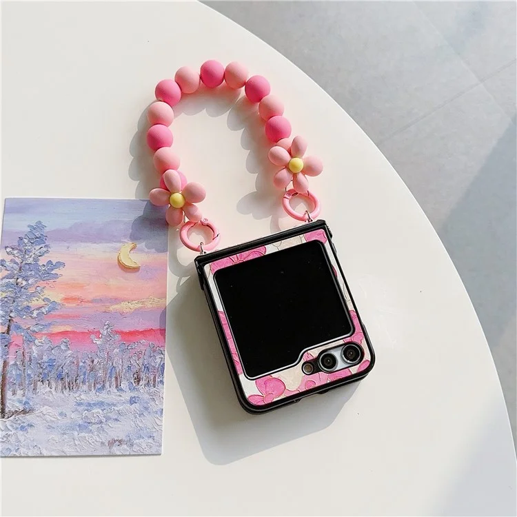 For Samsung Galaxy Z Flip5 5G Case Hinge Design Lacquered Pattern PU Leather+PC Phone Cover with Bead Chain - Pink Bow