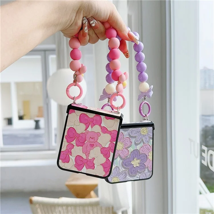 For Samsung Galaxy Z Flip5 5G Case Hinge Design Lacquered Pattern PU Leather+PC Phone Cover with Bead Chain - Pink Bow